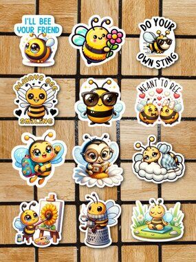 Cute Bee Sticker Pack of 12 Vinyl Stickers Waterproof Die Cut Sticker Set